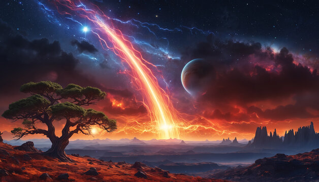 A scene of nature with a tree, a lightning bolt and a planet in the background.