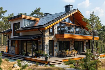 Fototapeta premium Eco-Friendly Haven: Solar-powered forest home with green design elements.