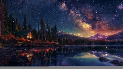A starry night sky over a colorful lake, with the Milky Way stretching across the heavens, and a solitary cabin illuminated by the soft glow of moonlight.