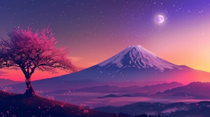 Beautiful sunset of Mount Fuji in Japan with a pink sakura tree in high resolution and high quality. concept landscapes, sunset - obrazy, fototapety, plakaty