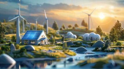 A serene landscape featuring wind turbines and solar panels harmoniously blending with nature - obrazy, fototapety, plakaty