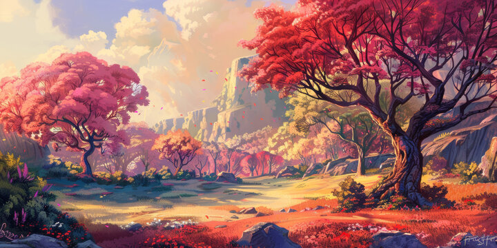 Illustration depicting a magical and fantastical landscape reminiscent of a fairy tale, characterized by dreamlike elements and enchanting scenery.