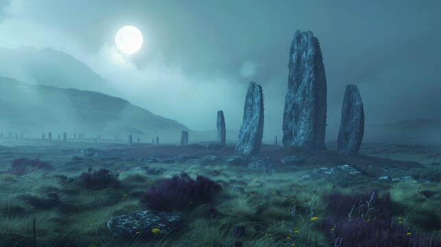 A mystical image of a misty Scottish moorland with ancient stone circles under a full moon