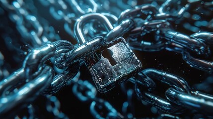 A padlock symbol formed from interlocking chains, with binary code flowing around it, signifying secure data storage on a blockchain.