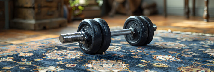 A Pair of Dumbbells on a Table ,
Sundrenched gym atmosphere dumbbells lie on the floor illuminated by natural light creating
