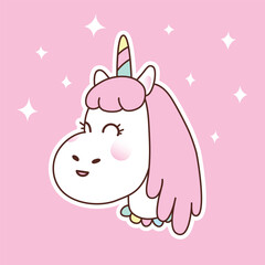 Obraz na płótnie Canvas New unicorn head. Vector cartoon white unicorn. Cute baby patch. Shining stars on pink background. Smiling lovely pet. Horse with pink mane and rainbow horn. Flat design. Cut out character