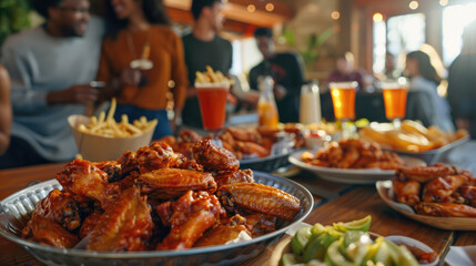Group of friends gathered to watch a sporting event. They ordered chicken wings