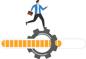 Work in progress - project management concept - team with gear box mechanism and loading indicator scale

