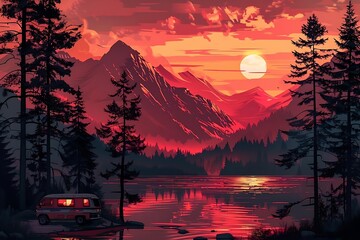 camping site on evening sunset vista illustration drawings with pine trees and red sky - obrazy, fototapety, plakaty