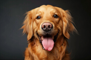 A dog with a tongue sticking out and a big smile on its face. The dog is brown and has a happy expression