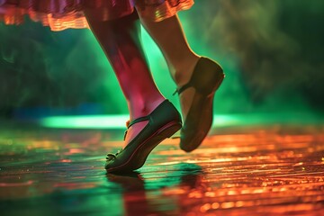 Close-up of Irish dance shoes in action, a dancers feet mid-step on a wooden stage