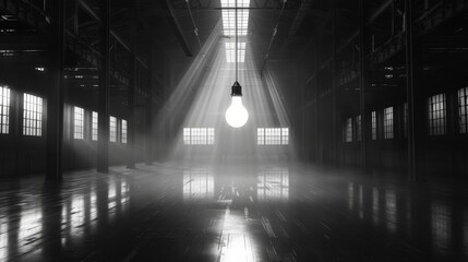 A stark black and white photograph of a vast, empty room with high ceilings and a single, glowing lightbulb hanging from the center.