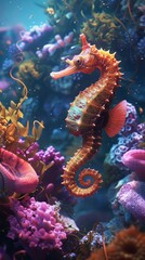 Fototapeta na wymiar Craft a captivating CG wallpaper showcasing a majestic seahorse gracefully navigating through vibrant coral reefs