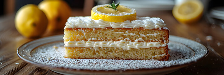 A Cake with Cream and Lemon on Top,
Piece lemon cake with layer of cream on plate on table
