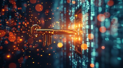 A photorealistic image of a key unlocking a vault overflowing with glowing data streams, signifying the challenge and importance of data security in big data.