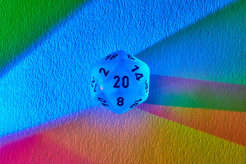 Translucent D20 Die with Rainbow Prism Effect and Eye-Level Perspective