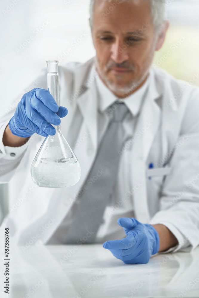 Poster Mature man, beaker or scientist in lab for science innovation, vaccine or antiaging medicine chemical. Life extension, medical or blur of biologist with chemistry in research or liquid experiment