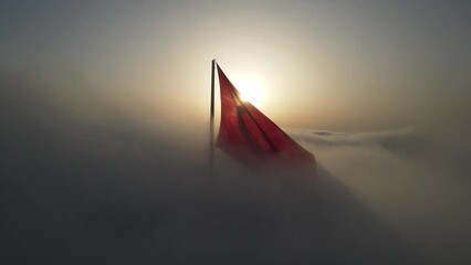 Turkish Flag in the Foggy Morning Drone Video Uskudar, Istanbul  Turkiye (Turkey)