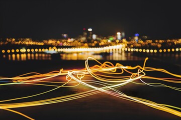 Lightpainting with vibrant lines of light dancing and intertwining like threads of energy. In the distance, blurry city lights illuminate the skyline, casting a warm glow against the inky darkness.