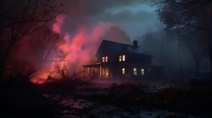 a house that seems to be fading into existence as AI painters use fading and blending techniques to a mysterious atmosphere - obrazy, fototapety, plakaty