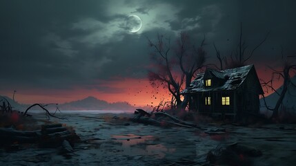 a house that seems to be fading into existence as AI painters use fading and blending techniques to a mysterious atmosphere - obrazy, fototapety, plakaty