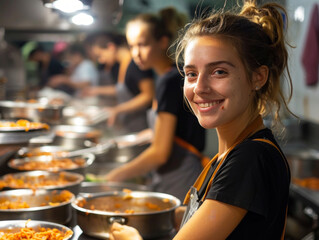 giovane volontaria che aiuta a servire e cucinare alla mensa dei poveri, volontaria alla mensa - obrazy, fototapety, plakaty