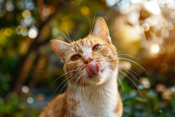 A cat is licking its face and looking up at the camera. The cat is orange and white in color - obrazy, fototapety, plakaty