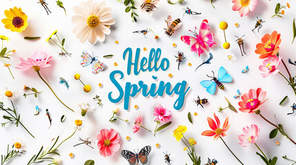 A vibrant "Hello Spring" text sign surrounded by colorful flowers, delicate butterflies, and busy bees, arranged in a flat lay style on a white transparent background, the high