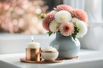 Bouquet of white flowers in a vase, candles on vintage copper tray, wedding home decor on a table