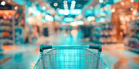 Abstract blurred photo of store with trolley in department store bokeh background. - obrazy, fototapety, plakaty