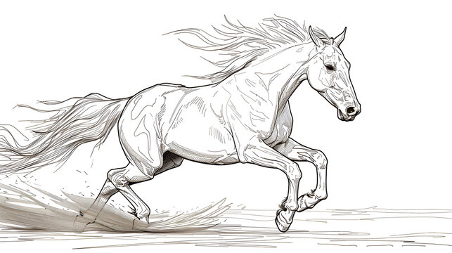 Running black line horse on a white background, generative Ai