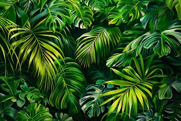 a lush and vibrant tropical rainforest scene with a focus on variety and detail in the foliage