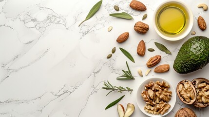 Healthy fats selection with avocado, nuts, seeds, olive oil on wood, copy space for text or design.