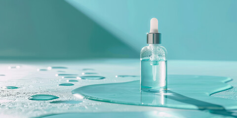 Cosmetic moisturizing liquid drops on green blue pastel background. Toner or lotion. Hyaluronic...