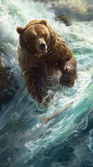 Illustrate a breathtaking scene of a grizzly bear fishing in a fast-flowing river from a unique worms-eye perspective