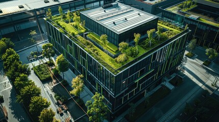 Eco-friendly building in modern factory and industrial zone, drone photography, Ai generated for ads - obrazy, fototapety, plakaty