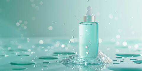 Cosmetic moisturizing liquid drops on green blue pastel background. Toner or lotion. Hyaluronic...