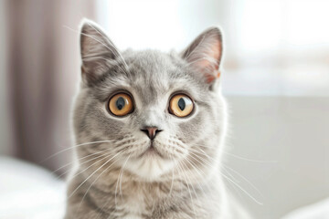 Fototapeta premium A grey cat with yellow eyes stares at the camera. The cat's eyes are wide open, and it is curious or alert. The cat's fur is long and fluffy, giving it a soft and cuddly appearance