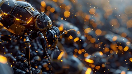 A swarm of robotic insects with hexagonal bodies working together, representing the collective power and efficiency of technological advancements. - obrazy, fototapety, plakaty