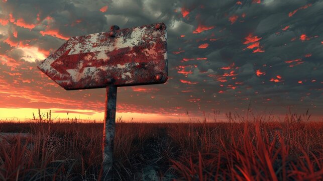 A weathered red arrow sign, worn by time but still resolute, pointing towards a dramatic sunset sky.3D rendering