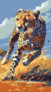 Illustrate a pixel art depiction of a cheetah in full sprint, utilizing bold colors and sharp lines to create a visually striking wallpaper that conveys speed and agility
