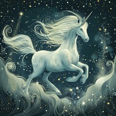 Illustrate a whimsical vector graphic of a mystical unicorn, moving gracefully through a dreamy landscape adorned with shimmering stars, creating a stunning and ethereal wallpaper
