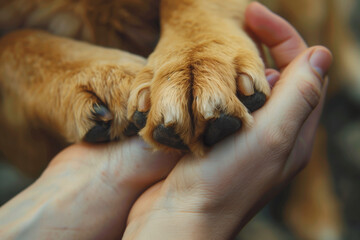 A hand holding a dog's paw. The dog is brown and has black nails