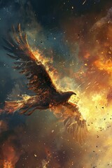 Obraz na płótnie Canvas Illustrate the mythical beauty of a phoenix in flight amidst swirling flames, creating a striking contrast against the dramatic CG sky