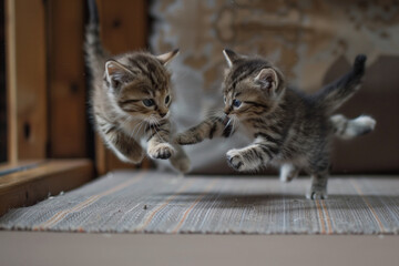 Naklejka premium Two kittens playing with each other. One is jumping and the other is running. Scene is playful and energetic