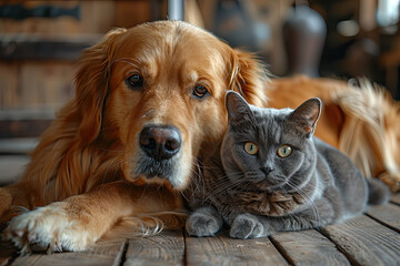 A golden retriever dog and an adorable grey cat cuddle together, looking at the camera with big eyes in a cute pet photography indoor setting with high definition photography. Created with Ai