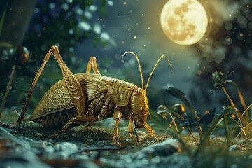 Illustrate the surreal sight of a Mole Cricket in a digital photorealistic rendering, showcasing its intricate movements against the backdrop of a serene, moonlit garden - obrazy, fototapety, plakaty