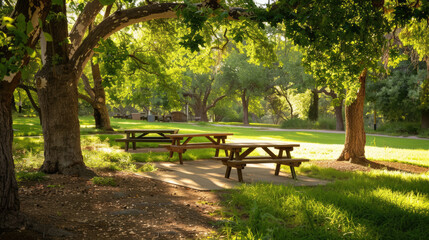Landscaped picnic area with comfortable benches and trees