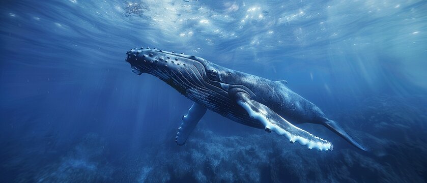 Incorporate a dynamic, tilted angle view of a CG rendering capturing a majestic humpback whale mid-breaching, showcasing the sheer power and beauty in ocean waters