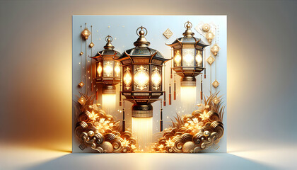 Islamic New Year Greeting Card Design with Ornate 3D Lanterns for Blessings and Warmth